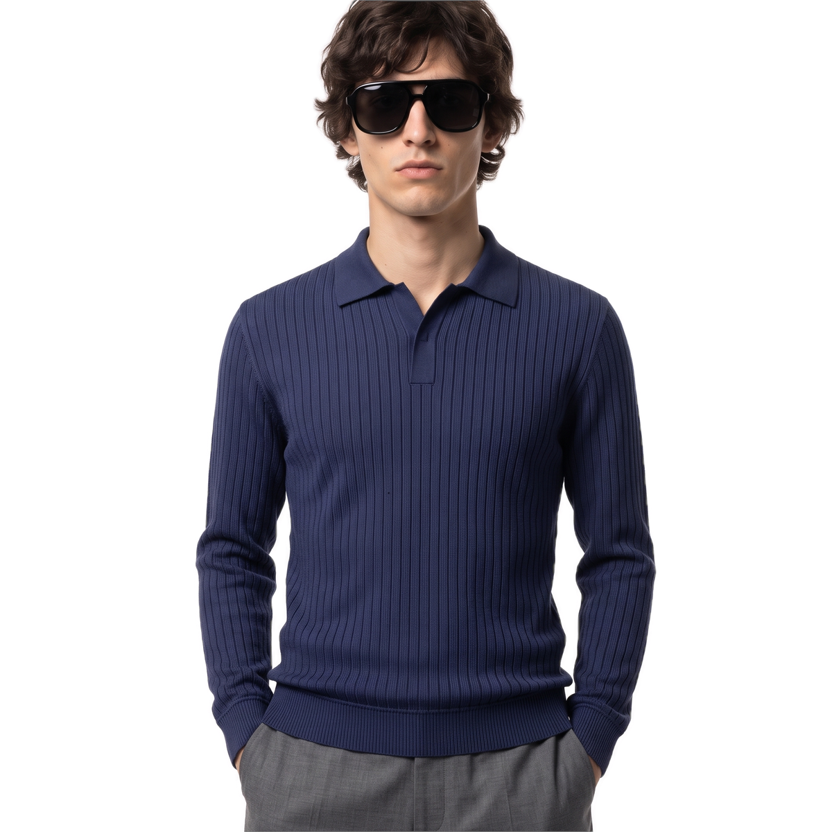 Zegna indigo ribbed polo collar pullover, photo 2