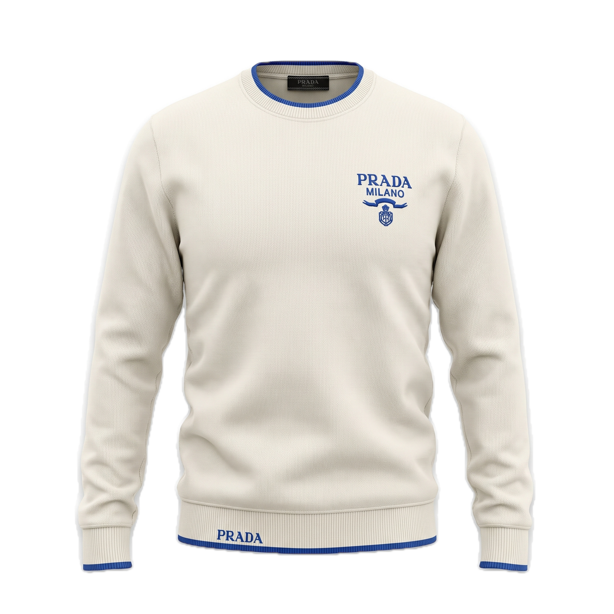 Prada off-white & blue embroidered logo pullover