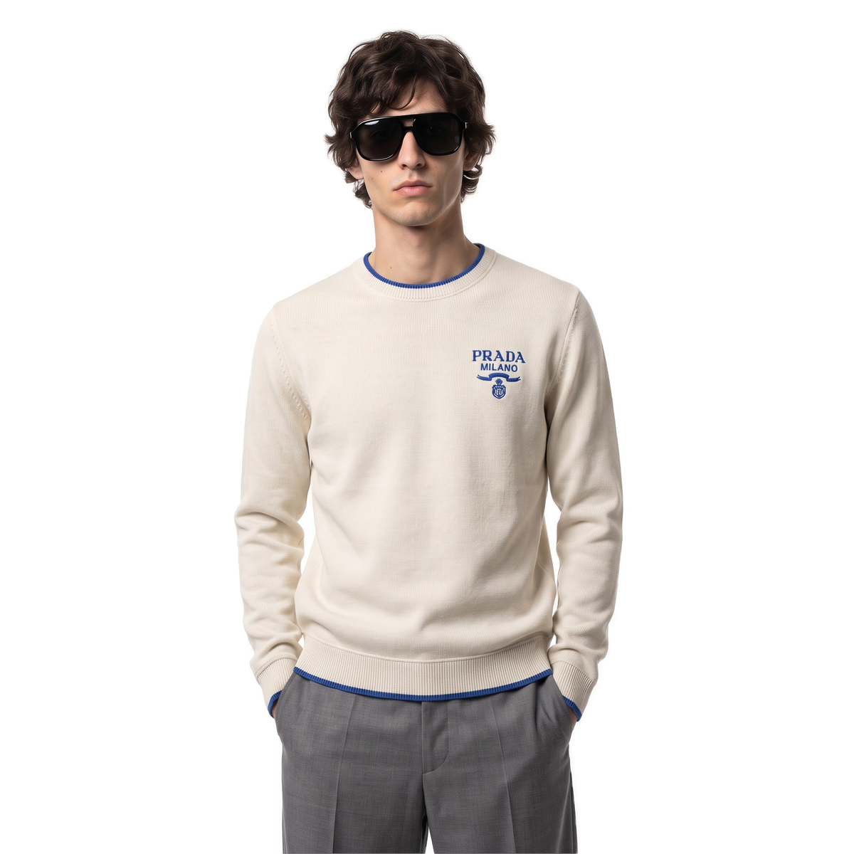 Prada off-white & blue embroidered logo pullover, photo 2