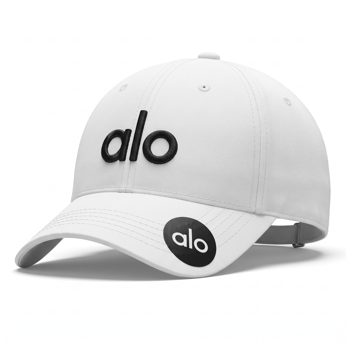 Alo Cap, white, black logo, brim badge