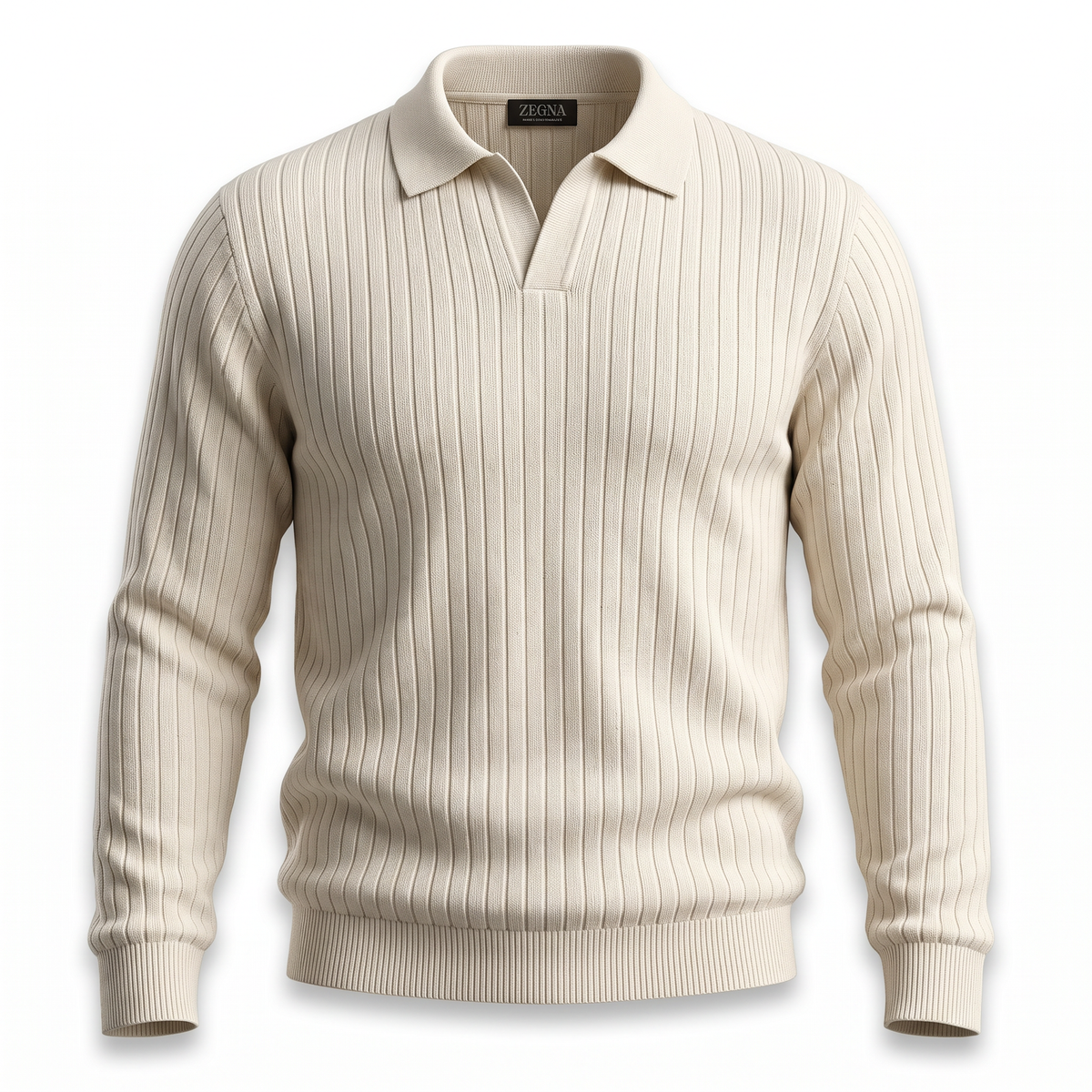 Zegna cream ribbed polo collar pullover
