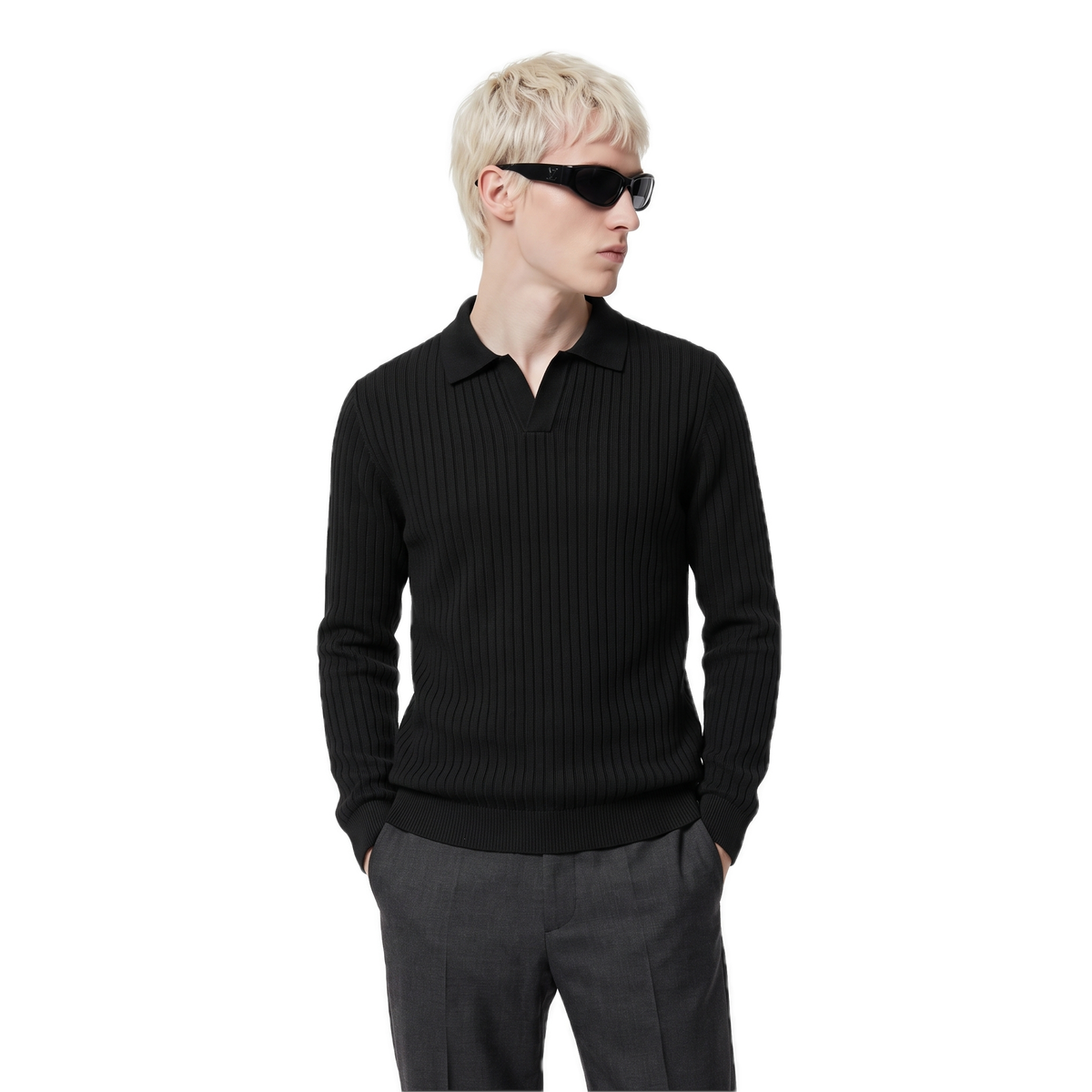 Zegna black ribbed polo collar pullover, photo 2